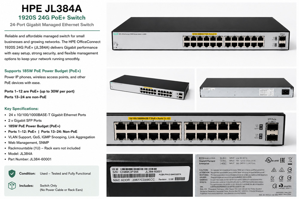 HPE JL384A OfficeConnect 1920S 24G PoE+ Switch – Managed 24-Port Gigabit Etherne